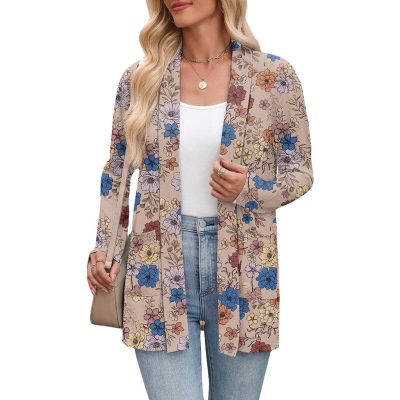ジーグー レディース アウター ニット・セーター カーディガン Zeagoo Women's Long Sleeve Open Front Sweaters Casualoose Lightweight Cardigans with Pockets Flower Khaki カーキ｜ReVida 店
