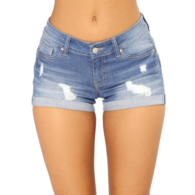 イエスファッション レディース ボトムス ハーフパンツ・ショーツ ローライズ ショートパンツ デニム Yesfashion Women's Low Rise Denim Shorts Distressed Cuffed Hem Jean Shorts Light Blue ブルー｜ReVida 店