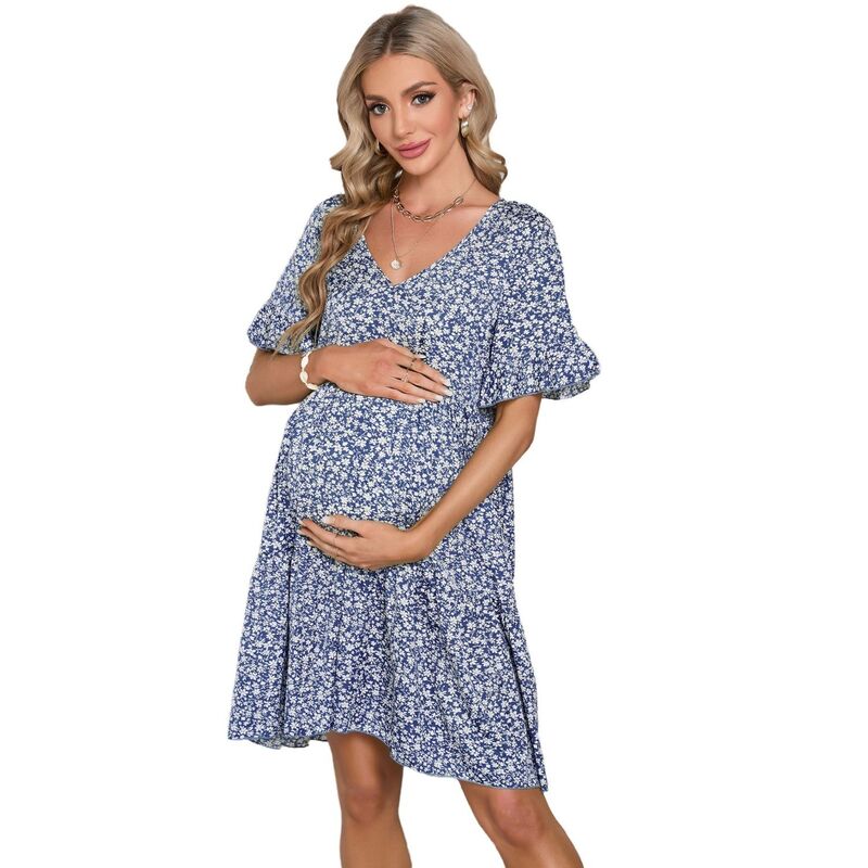 コジョイン レディース トップス ワンピース Vネック フリル マタニティ Kojooin Women Maternity Dress V Neck Short Sleeves Ruffle Flowy Summer Boho Dress Baby Shower Photoshoot Blue Floral ブルー|ReVida 店