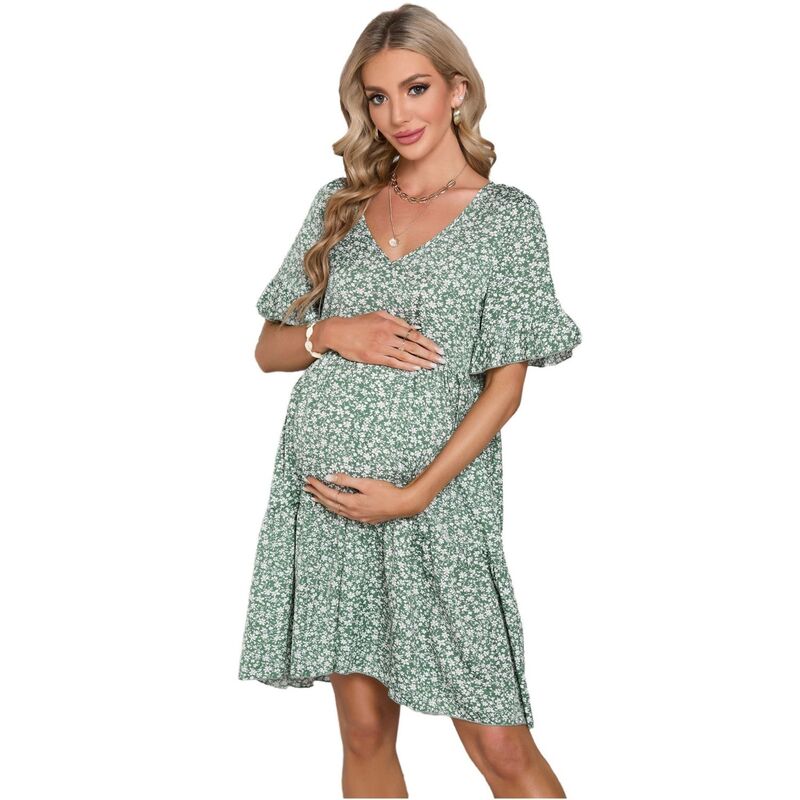 コジョイン レディース トップス ワンピース Vネック フリル マタニティ Kojooin Women Maternity Dress V Neck Short Sleeves Ruffle Flowy Summer Boho Dress Baby Shower Photoshoot Green Floral グリーン|ReVida 店