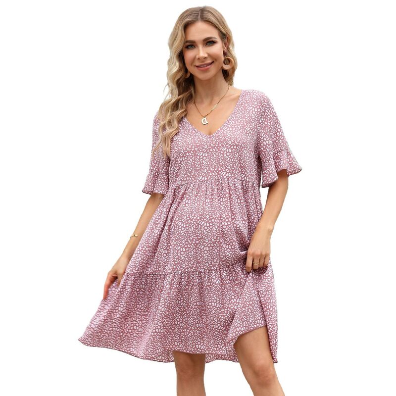 コジョイン レディース トップス ワンピース Vネック フリル マタニティ Kojooin Women Maternity Dress V Neck Short Sleeves Ruffle Flowy Summer Boho Dress Baby Shower Photoshoot Pink ピンク|ReVida 店