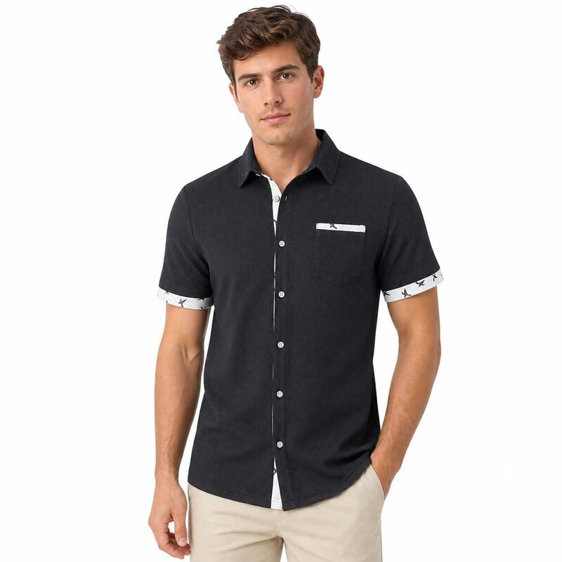 ジョイジョイ メンズ トップス Tシャツ ボタンダウン プリント コントラスト ダウン ニット JoyJoy Men Waffle Knit Short Sleeve Button Down Shirt Contrast Bird Printrim Colla red Casual Beach Shirt Black ブラック|ReVida 店