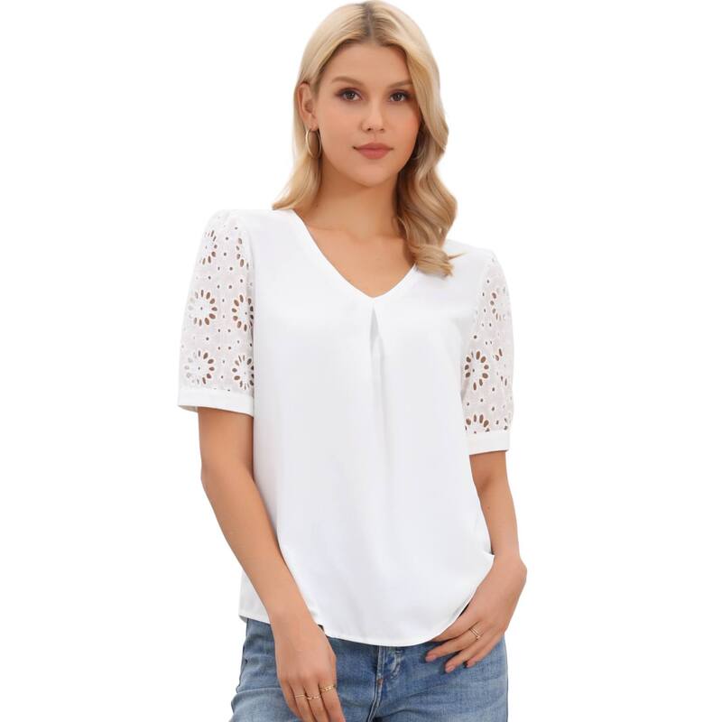インスパイア シック レディース トップス シャツ Vネック カットアウト ブラウス レース INSPIRE CHIC Lace Sleeve Blouses for Women's V Neck Cutout Short Sleeve Dressy Casual Tops White ホワイト｜ReVida 店 8,626円