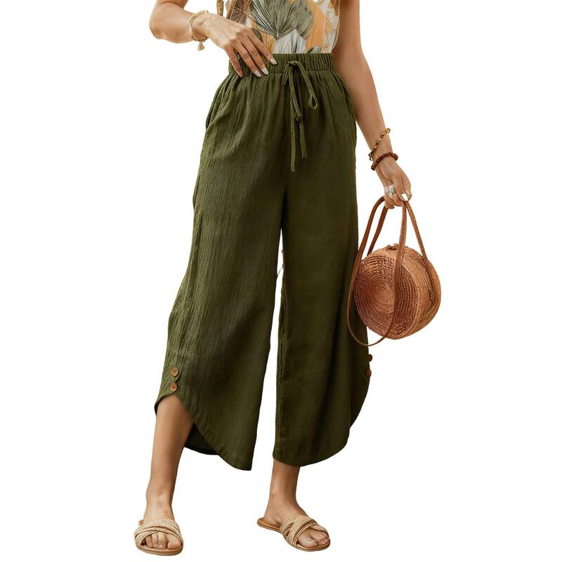 クリアフラワー レディース ボトムス カジュアルパンツ ドローコードウエスト クロップド ClearFlower Women's Wide-Leg Trousers, Drawstring Waist Cropped Pants with Side Pockets Green グリーン|ReVida 店