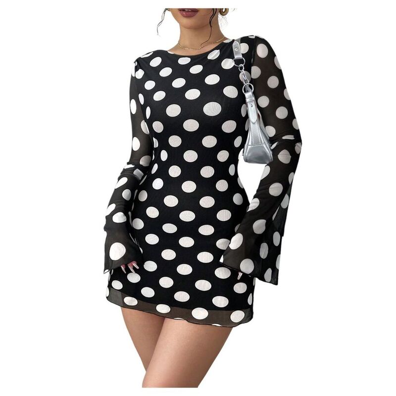 イエスファッション レディース トップス ワンピース ヴィンテージ 背中開き ドット ミニ メッシュ Yesfashion Women's Vintage Polka Mesh Dress Bellong Sleeve Backless Retro Mini Dresses Black ブラック|ReVida 店