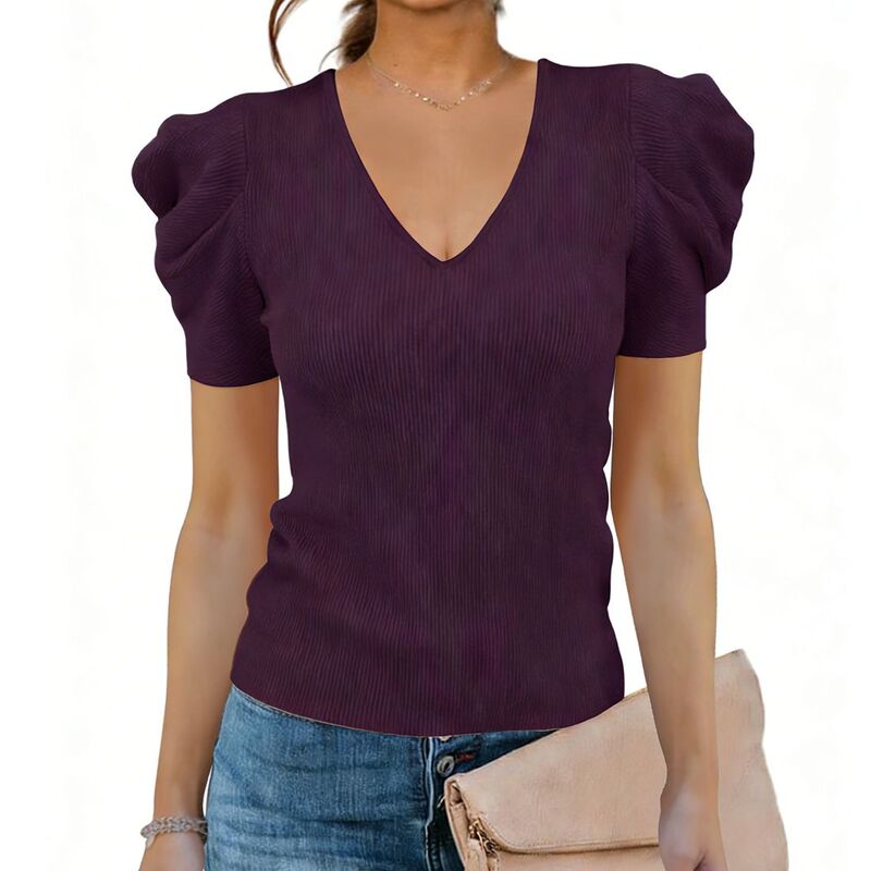クリアフラワー レディース トップス Tシャツ Vネック リブ ニット ClearFlower Womens V Neck Short Sleeve Ribbed Knit Puff Shoulder Fitted Casual Tops Dee purple パープル｜ReVida 店 9,225円