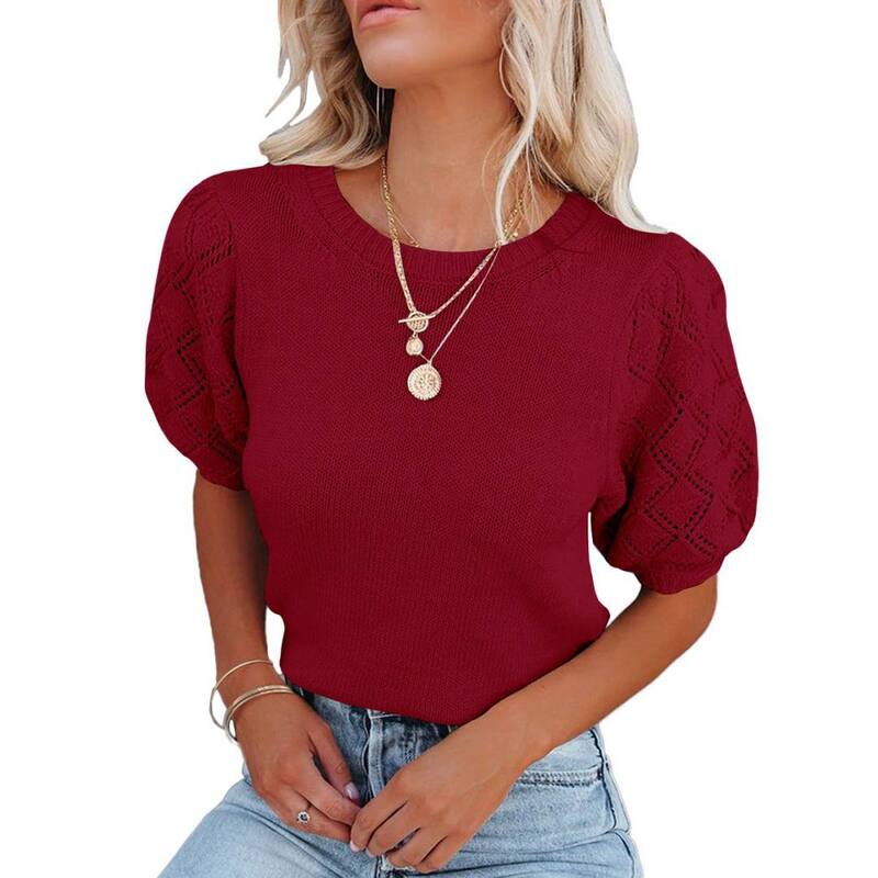 イエスファッション レディース アウター ニット・セーター クルーネック シャツ Yesfashion Womenshort Sleeve Sweaters Crewnecknit Pullover Tops Casualightweight Crochet Shirt Date Red レッド｜ReVida 店
