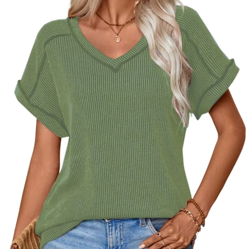 ジョイジョイ レディース トップス Tシャツ Vネック JoyJoy Women'summer Two-Tone Twist Short Sleeve T-Shirt Classic V-Neck Loose Medium Stretch Casual Top Army Green グリーン｜ReVida 店