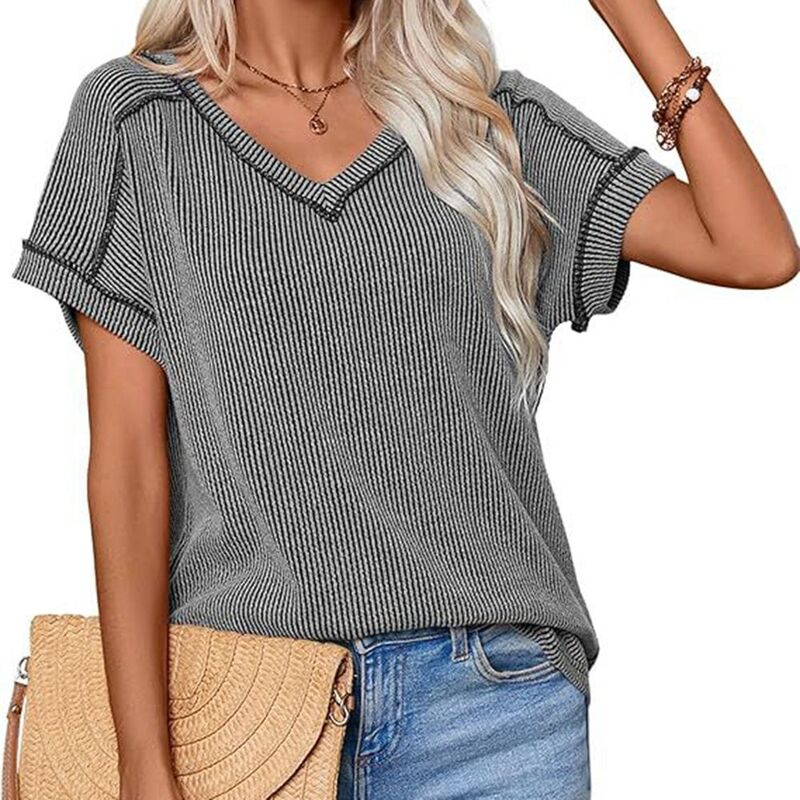 ジョイジョイ レディース トップス Tシャツ Vネック JoyJoy Women'summer Two-Tone Twist Short Sleeve T-Shirt Classic V-Neck Loose Medium Stretch Casual Top Gray グレー|ReVida 店