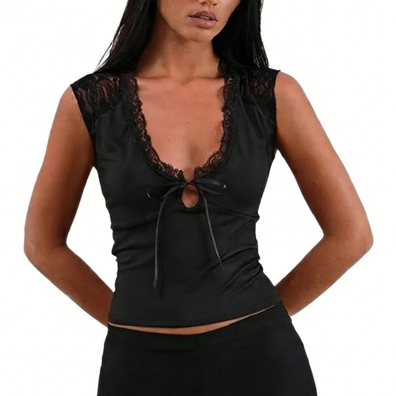 イエスファッション レディース トップス シャツ スリムフィット Vネック ノースリーブラウス レース Yesfashion Women's Casualace Tank Top Sleeveless V Neck Tie Front Slim Fit Blouse Daily Date Black ブラック｜ReVida 店