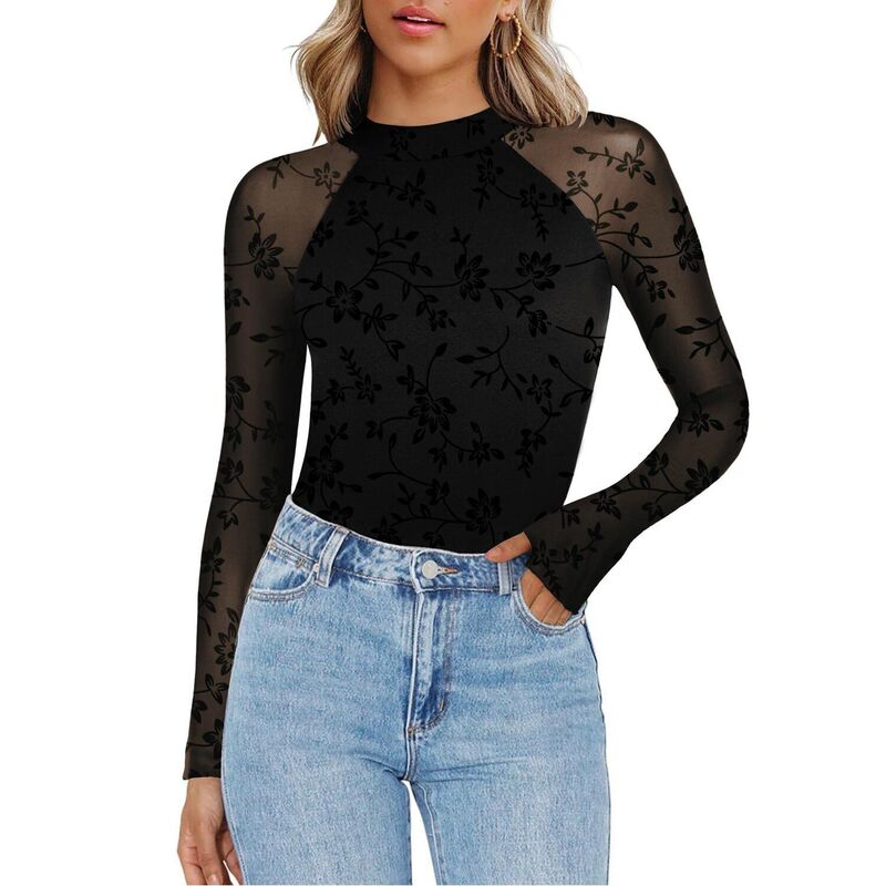 ジーグー レディース トップス Tシャツ モックネック メッシュ ブラウス Zeagoo Blouses for Women Long Sleeve Mesh Mock Neck Tops Going Outfits Holiday Party Clothes Black Floral ブラック｜ReVida 店