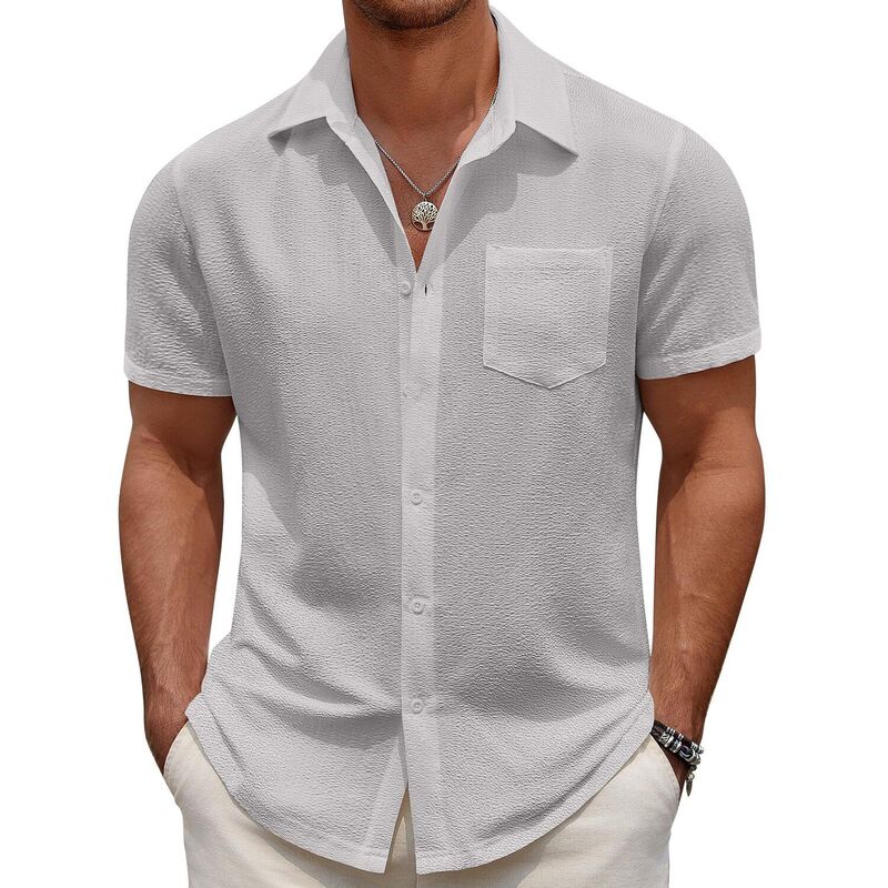 クーファンディ メンズ トップス Tシャツ ボタンダウン COOFANDY Men' Casual Button Down Short Sleeve Shirtextu red Summer Beach Vacation Shirt Ligjt Grey グレー｜ReVida 店 8,626円