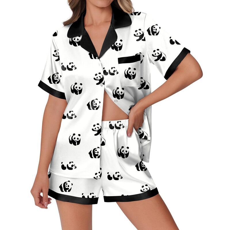エコアー レディース アンダーウェア ナイトウェア ボタンダウン Ekouaer Womens Pajamaset Button Down Short Sleeve Lounge Set 2 Piece White Panda ホワイト｜ReVida 店