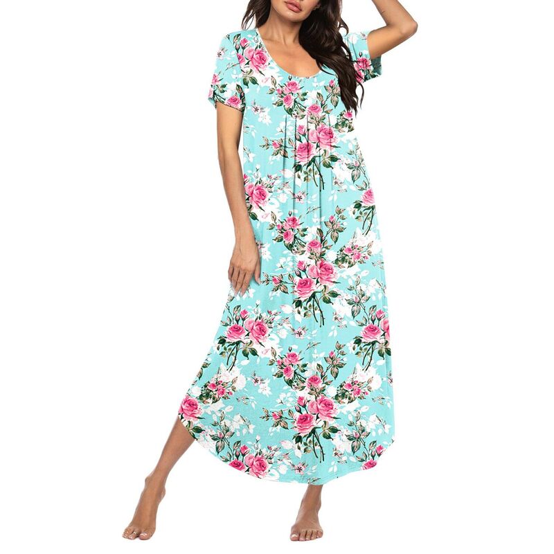 エコアー レディース アンダーウェア ナイトウェア プリーツ シャツ Ekouaer Long Nightgowns for Women Soft House Dress Pleated Front Nightshirt Fullength Loungwearose Flower｜ReVida 店