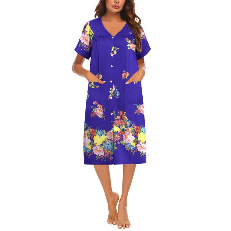 エコアー レディース アンダーウェア ナイトウェア ボタンダウン フラワー柄 プリント ダウン フラワー Ekouaer House Dresses for Women with Pockets Button Downightgowns Dresses Floral Print Purple Flower パープル|ReVida 店
