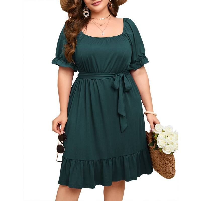 イエスファッション レディース トップス ワンピース プラスサイズ フリル Yesfashion Women's Plusize Dresses Casual Off The Shoulderuffle Short Sleeve Fashion Beach Vacation Dress Green グリーン|ReVida 店