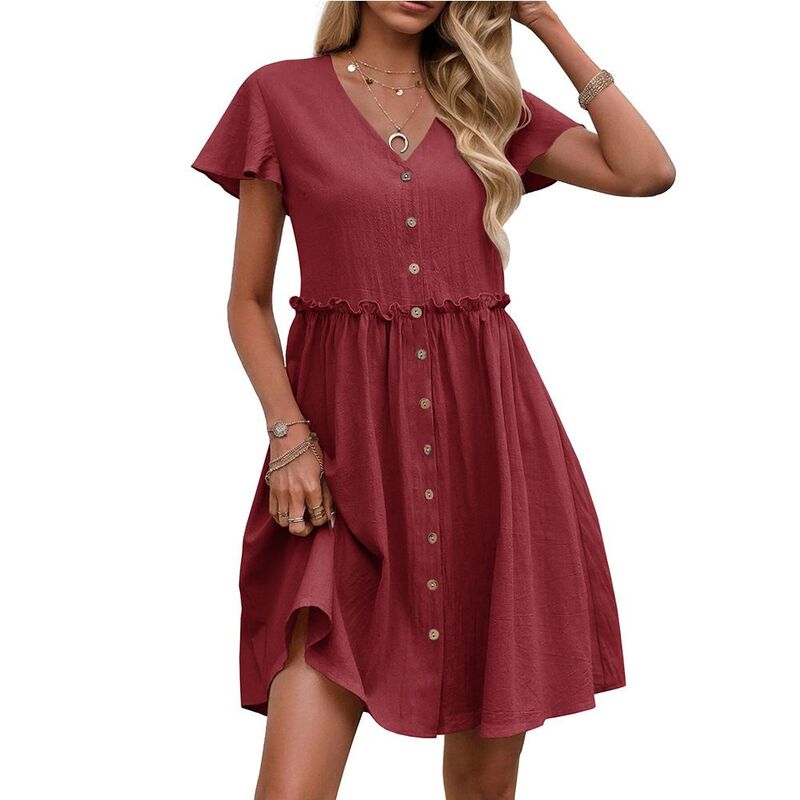 ファンジュライ レディース トップス ワンピース フリル裾 Vネック フリル FUNJULY Women'short Sleeve V Neck Dress Flowy Ruffle Hem Button Front Casual Dress Red レッド｜ReVida 店
