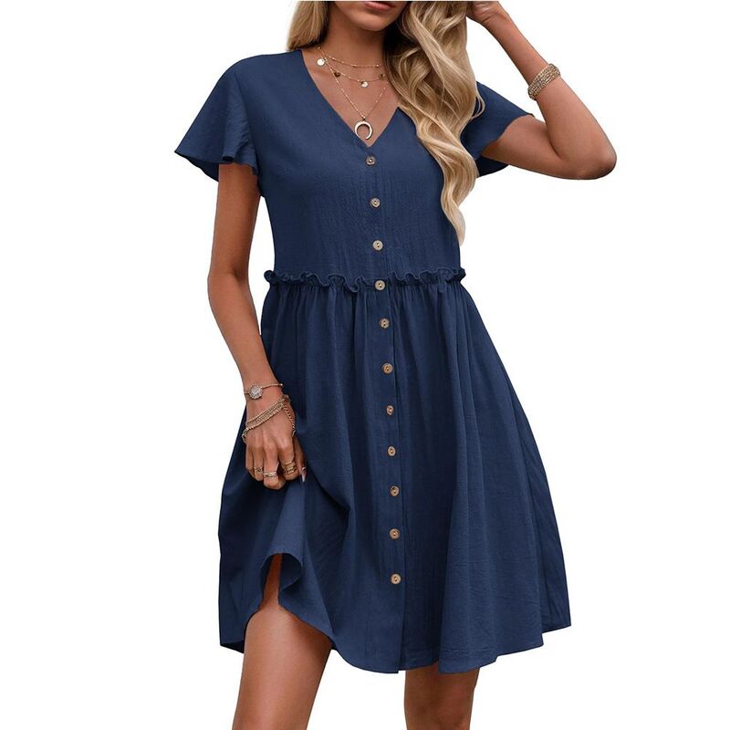 エリートチョイス レディース トップス ワンピース フリル裾 Vネック フリル Elitechoice Women's V Neck Short Sleeve Dress Flowy Ruffle Hem Button Front Casual Dress Navy Blue ネイビー|ReVida 店