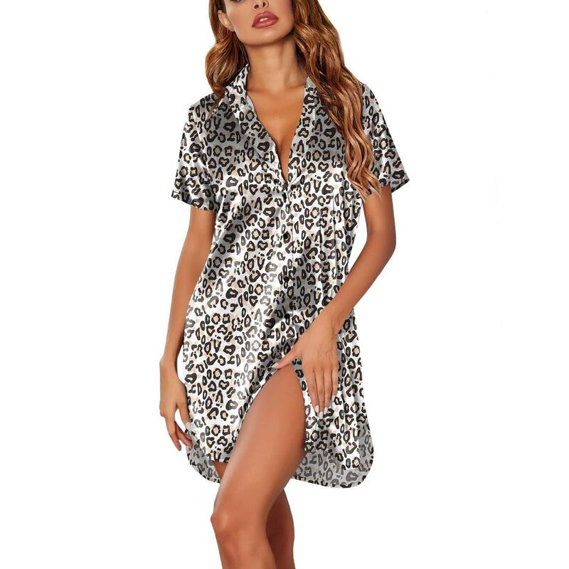 エコアー レディース アンダーウェア ナイトウェア Vネック シャツ サテン Ekouaer Satin Womens Nightgown Button Front Sleep Shirt V Neck Sleep Wear Short Sleeve Nightshirts Leopard アニマル|ReVida 店