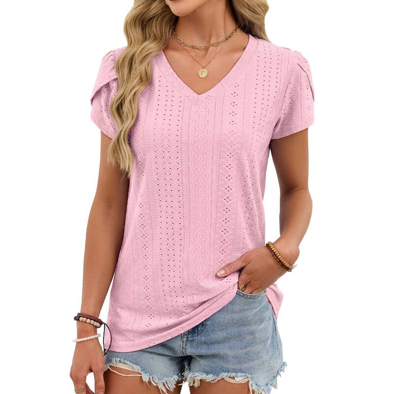 セオリア レディース トップス Tシャツ Vネック Seoria Women's Eyelet V-Neck Short Sleeve Topink ピンク|ReVida 店