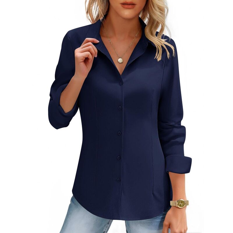 ジーグー レディース トップス シャツ ボタンダウン ブラウス Zeagoo Womens Long Sleeve Button Down Dresshirt Slim Fitted Colla red Solid Business Work Blouse Navy Blue ネイビー｜ReVida 店