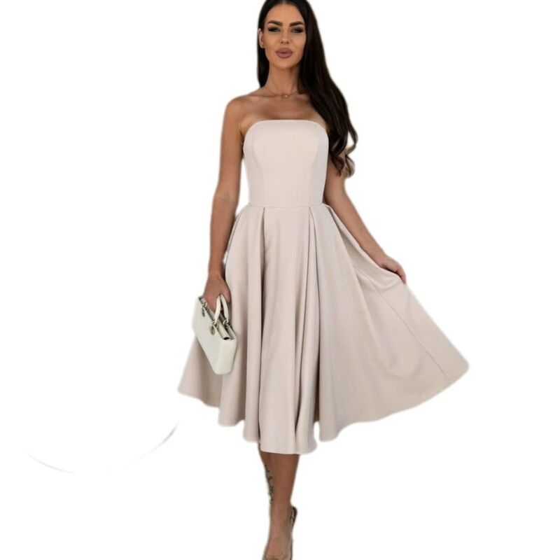 イエスファッション レディース トップス ワンピース A ライン ミディ ストラップレス ノースリーブ Yesfashion Women Off Shoulder Straplessleeveless A Line Tube Trendy Swing Midi Dress Apricot アプリコット｜ReVida 店