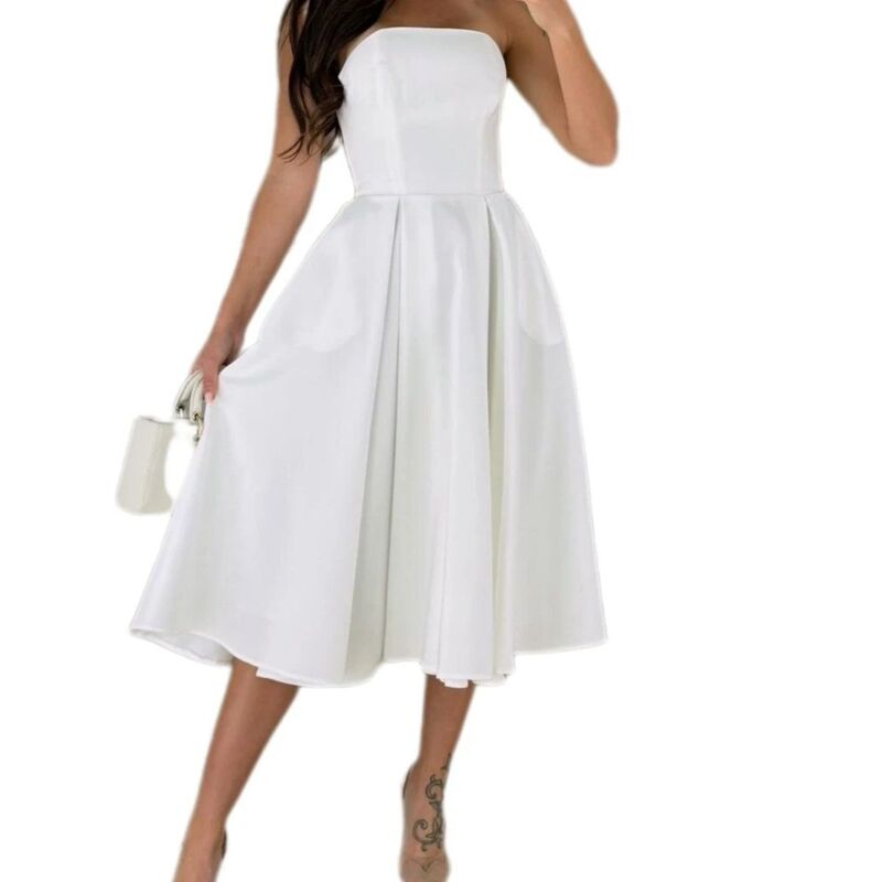 イエスファッション レディース トップス ワンピース A ライン ミディ ストラップレス ノースリーブ Yesfashion Women Off Shoulder Straplessleeveless A Line Tube Trendy Swing Midi Dress White ホワイト｜ReVida 店