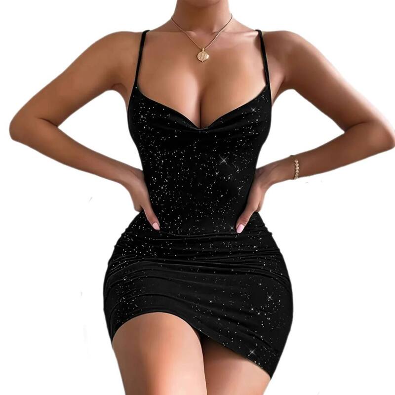 イエスファッション レディース トップス ワンピース Vネック ギャザー Yesfashion Women's Bodycon Glitter Spaghetti v Neck Ruched Party Dresses Black ブラック|ReVida 店