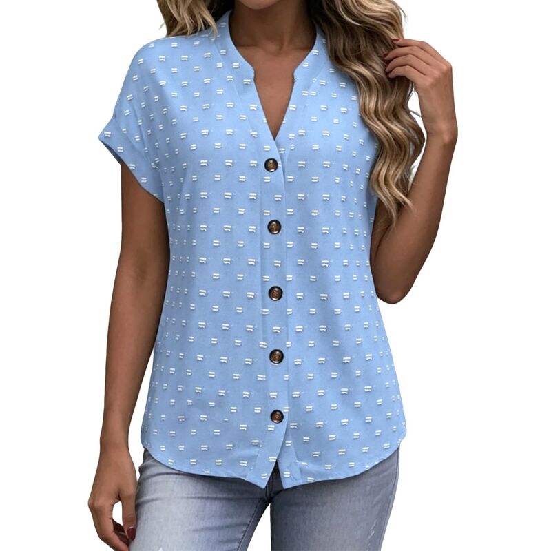 クリアフラワー レディース トップス シャツ Vネック ブラウス ClearFlower Women'swiss Dot Shirt Short Sleeve V Neck Casual Blouses Loose Fit Summer Tops Blue ブルー｜ReVida 店