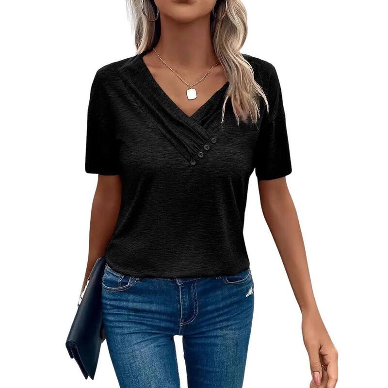 クリアフラワー レディース トップス Tシャツ Vネック ギャザー ClearFlower Women's V-Neck Short Sleeve T-Shirt, Ruched Neckline with Decorative Buttons Casual Top Black ブラック｜ReVida 店