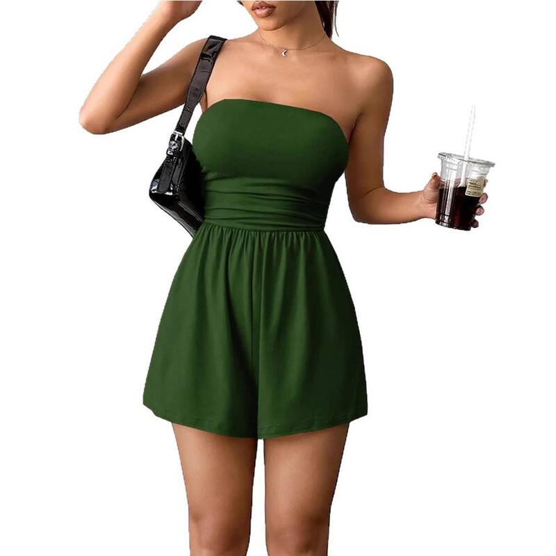 クリアフラワー レディース トップス ワンピース ギャザー ロンパーストラップレス ノースリーブ ジャンプスーツ ClearFlower Women'strapless Tube Romperuched Waist Casual Sleevelesshort Jumpsuit Green グリーン｜ReVida 店