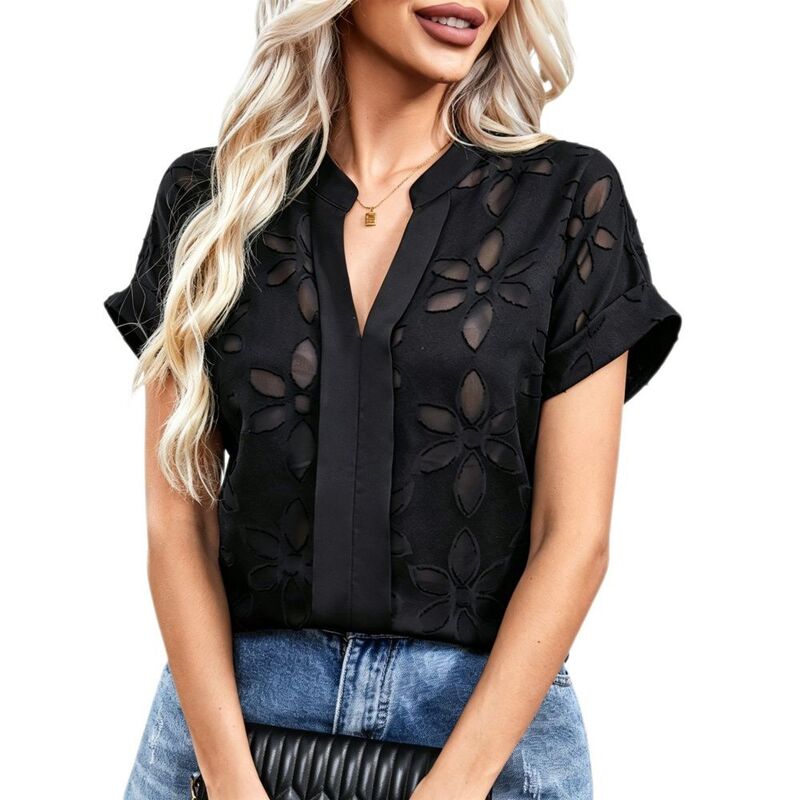 イエスファッション レディース トップス シャツ Vネック フラワー柄 メッシュ ブラウス フラワー Yesfashion Women's Floral Mesh Blouse V Neck Short Sleeve Casual Dressy Work Top Black ブラック｜ReVida 店