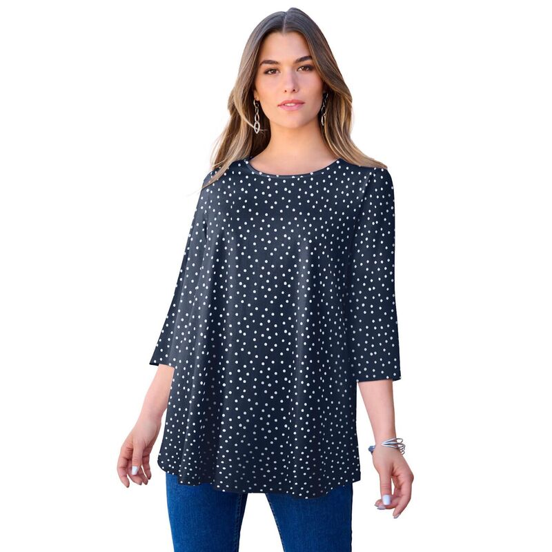 ロアマンズ レディース トップス Tシャツ プラスサイズ Roaman's Women's Plusize Ultimate Three Quarter Sleeve Swing Tee Navy Paintedot ネイビー｜ReVida 店