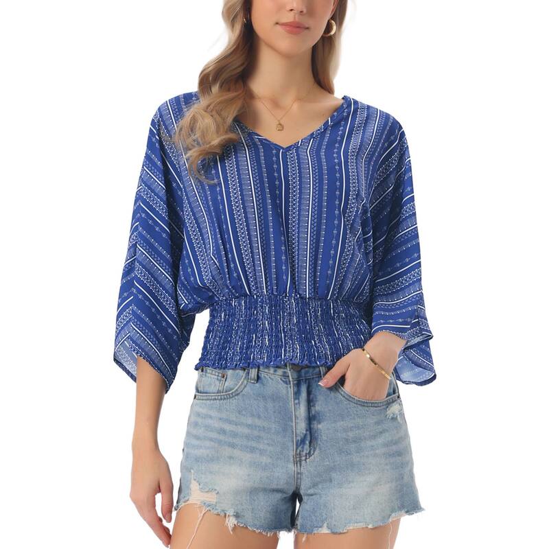 インスパイア シック レディース トップス シャツ Vネック シフォン ウエストマーク プリント ブラウス INSPIRE CHIC Tops for Women'summer V Neck Boho Print Chiffon Cinched Waistop Batwing Dolman Sleeve Blouses Royal Blue ブルー｜ReVida 店