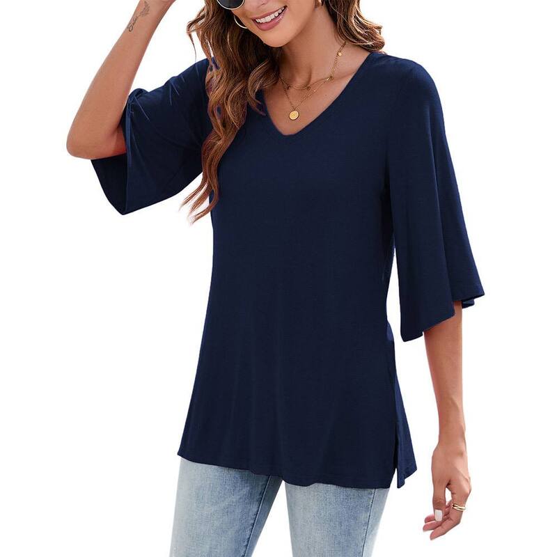 セオリア レディース トップス Tシャツ Vネック ブラウス Seoria Women's Bell Sleeve Blouse, 3/4 Sleeve Loose V Neck Tops for Women Dressy Casual Shirt Navy Blue ネイビー|ReVida 店