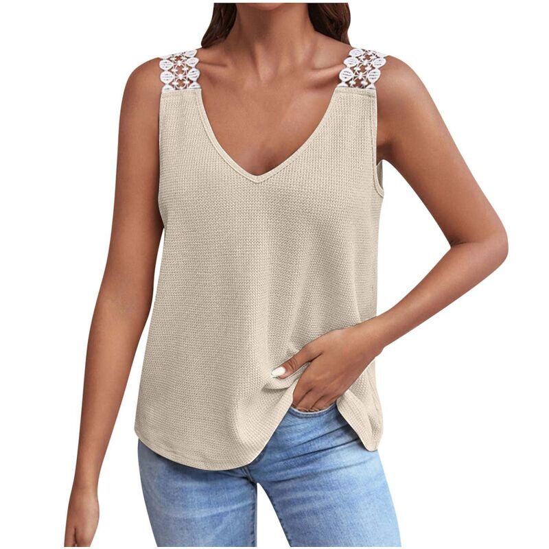 クリアフラワー レディース トップス Tシャツ Vネック ノースリーブラウス レース ニット ClearFlower Women's Waffle-Knitank Top Lace-Accent V-Neck Sleeveless Blouse Casualoose-Fit Summer Shirt Apricot アプリコット|ReVida 店