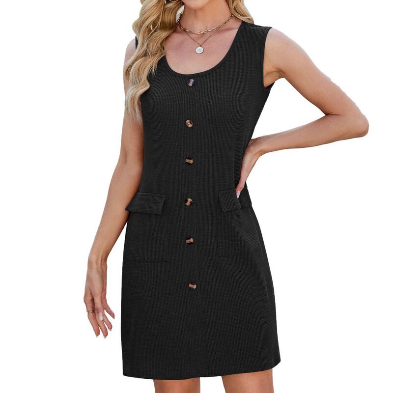 イエスファッション レディース トップス ワンピース ノースリーブ Yesfashion Womensummer Sleeveless Tank Dress with Pockets Button Sundresses Casual Dresses for Vacation Black ブラック｜ReVida 店