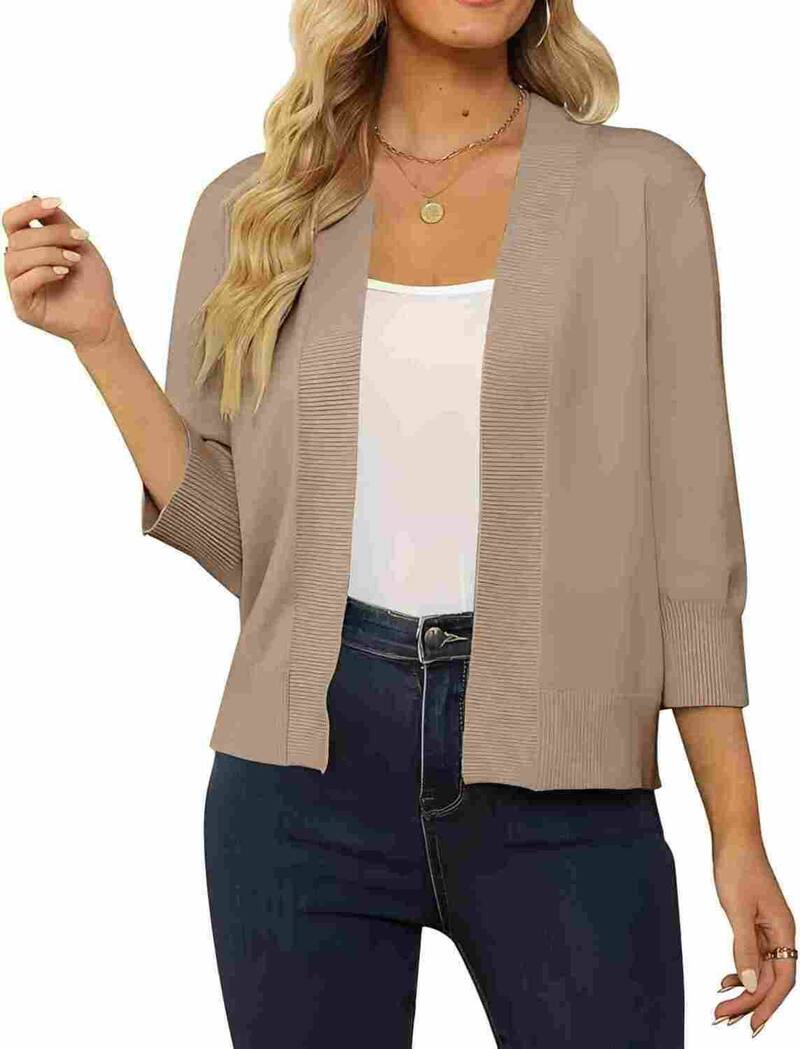 ファンジュライ レディース アウター ニット・セーター カーディガン クロップド FUNJULY Women's Lightweight 3/4 Sleeve Cropped Cardigan Soft Open Front Knit Sweater Camel キャメル｜ReVida 店