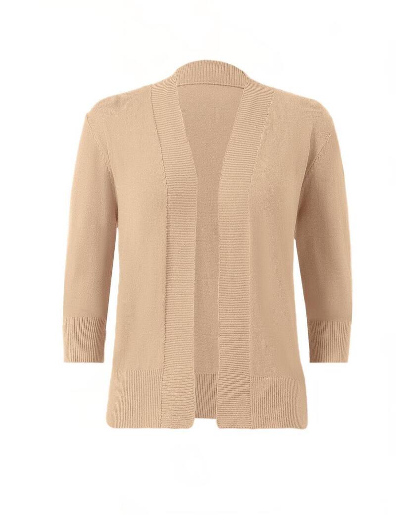 ファンジュライ レディース アウター ニット・セーター カーディガン クロップド FUNJULY Women's Lightweight 3/4 Sleeve Cropped Cardigan Soft Open Front Knit Sweater Khaki カーキ｜ReVida 店