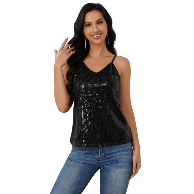 イエスファッション レディース トップス Tシャツ Vネック スパンコール Yesfashion Women &rsquo; sequin Sparkly Disconcert Outfit Glitter Party V-Neck Cami Cmaisole Tank Top Black ブラック｜ReVida 店
