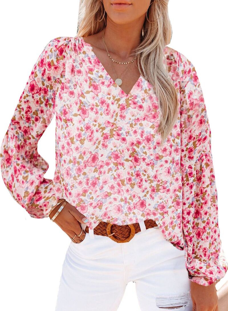 エリートチョイス レディース トップス シャツ シフォン フラワー柄 プリント ブラウス フラワー Elitechoice Women's Chiffon Blouse with Lantern Sleeves Floral Print Pink ピンク｜ReVida 店