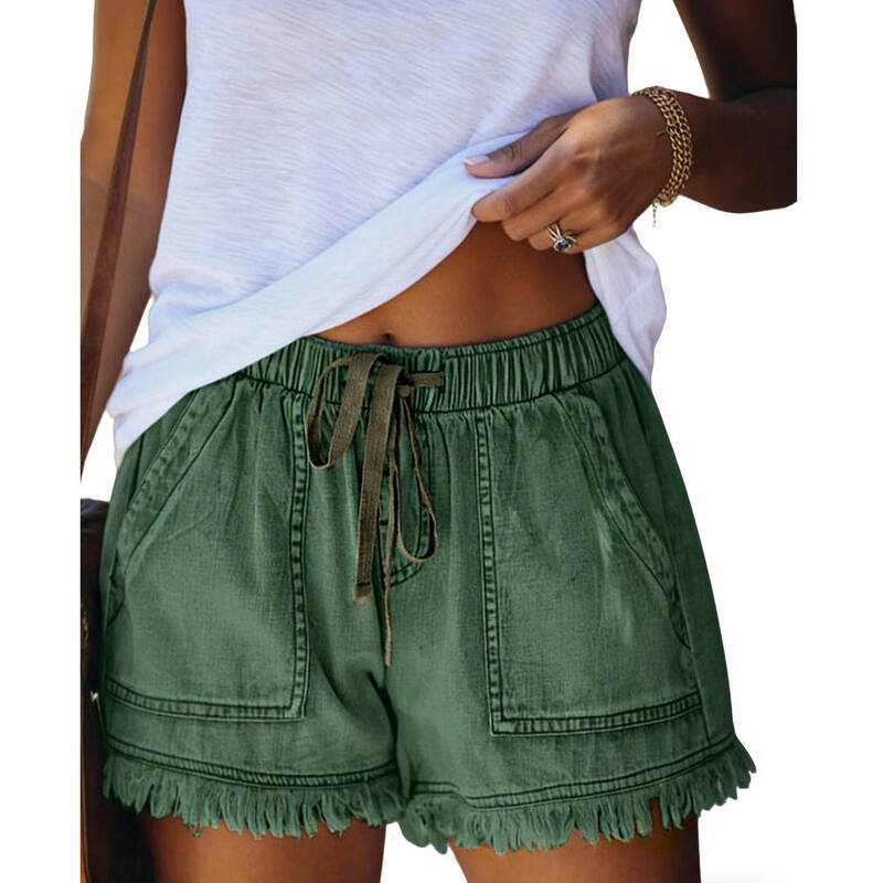 エリートスピリット レディース ボトムス ハーフパンツ・ショーツ ドローコードウエスト ショートパンツ デニム EliteSpirit Women's Drawstring Waist Denim Shorts with Frayed Hem and Patch Pocket Design Green グリーン｜ReVida 店