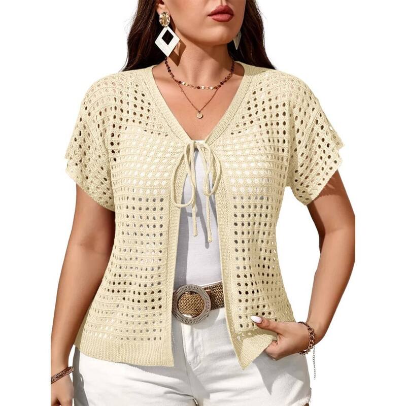 イエスファッション レディース アウター ニット・セーター プラスサイズ カーディガン Yesfashion Women's Plusize Crochet Knit Short Sleeve Tie Front Cardigans Open Lightweight Summer Sweater Apricot アプリコット｜ReVida 店