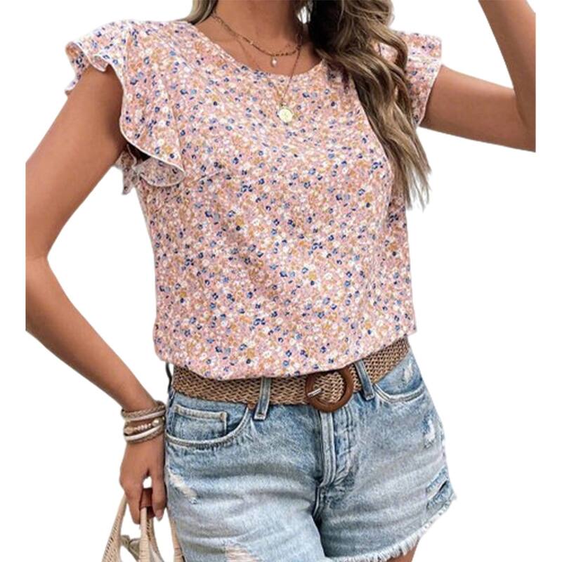 クリアフラワー レディース トップス シャツ フラワー柄 フリル ブラウス ClearFlower Women's Ditsy Floral Ruffle Short Sleeve Boho Top Summer Casual Round Neck Blouse Loose Shirt Pink ピンク｜ReVida 店