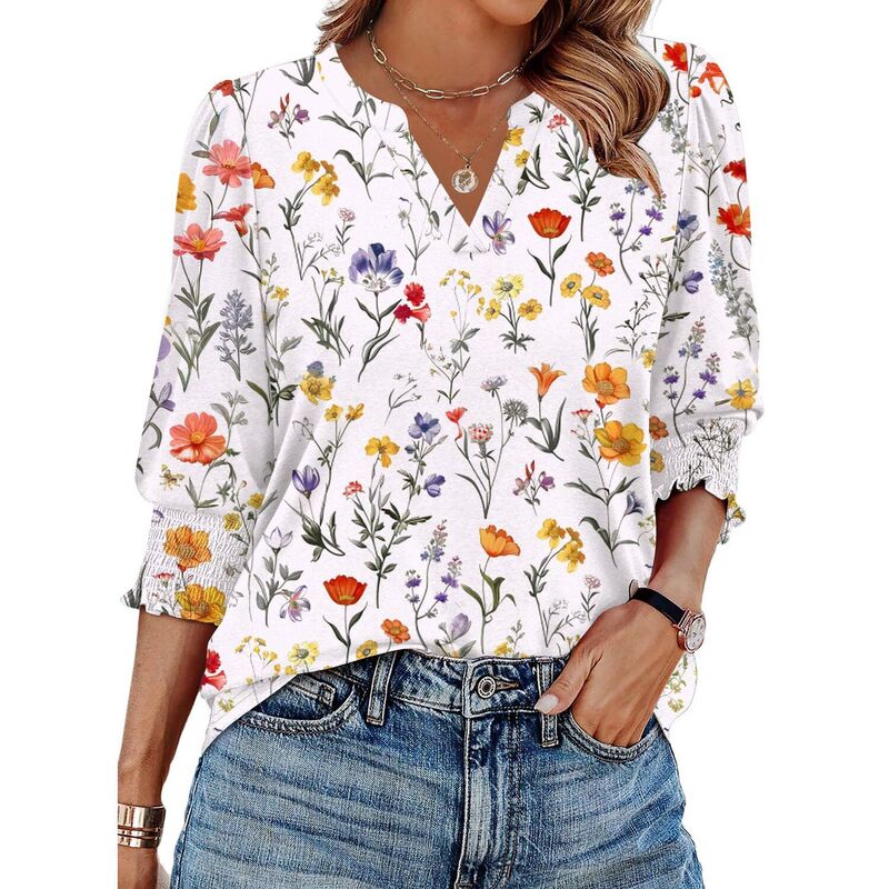 ジーグー レディース トップス Tシャツ Vネック フラワー柄 ブラウス フラワー Zeagoo Women's 3/4 Sleeve V Neck Boho Floral Blouses Fashion Casualoose Fitunic Tops Colorful Flowers｜ReVida 店