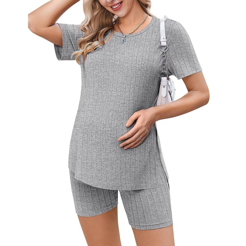 エコアー レディース アンダーウェア ナイトウェア リブ シャツ ショートパンツ ニット マタニティ Ekouaer Women's 2 Piece Ribbed Knit Maternity Shirt & Biker Shortset Light Grey グレー｜ReVida 店