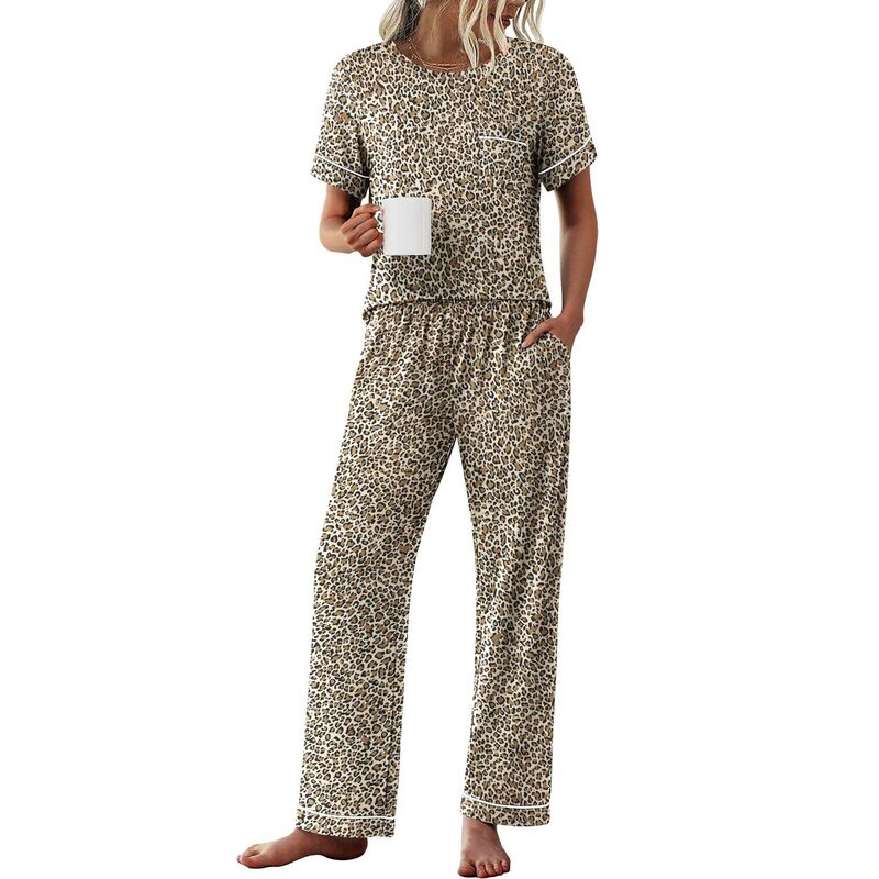 エコアー レディース アンダーウェア ナイトウェア パンツ Ekouaer Womens Pajama Setshort Sleeve Top and Pants 2 Piece Pjsoft Sleepwear Comfy Lounge Set Leopard アニマル|ReVida 店