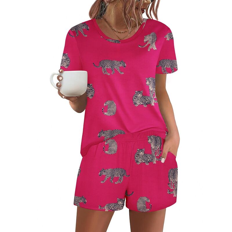 エコアー レディース アンダーウェア ナイトウェア ショートパンツ Ekouaer Women's Pajama Setshort Sleeve Pjs 2 Piece Top and Shortsleepwear Comfy Soft Lounge Hot Pink Animal Print ピンク｜ReVida 店