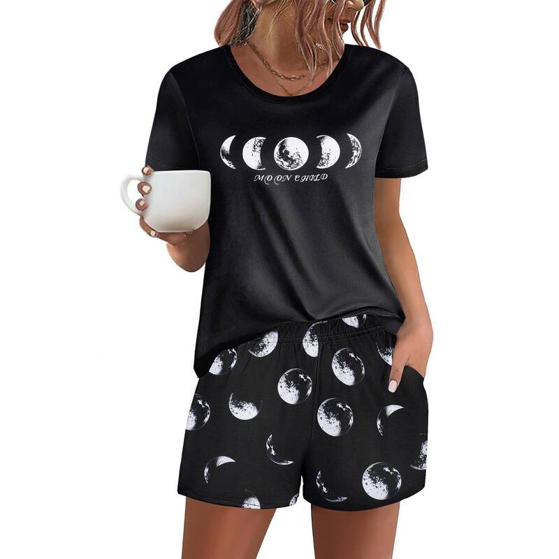 エコアー レディース アンダーウェア ナイトウェア ショートパンツ Ekouaer Women's Pajama Setshort Sleeve Pjs 2 Piece Top and Shortsleepwear Comfy Soft Lounge Moon Print|ReVida 店