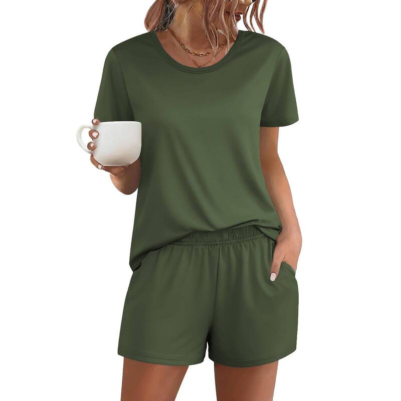 エコアー レディース アンダーウェア ナイトウェア ショートパンツ Ekouaer Women's Pajama Setshort Sleeve Pjs 2 Piece Top and Shortsleepwear Comfy Soft Lounge Olive Green グリーン|ReVida 店